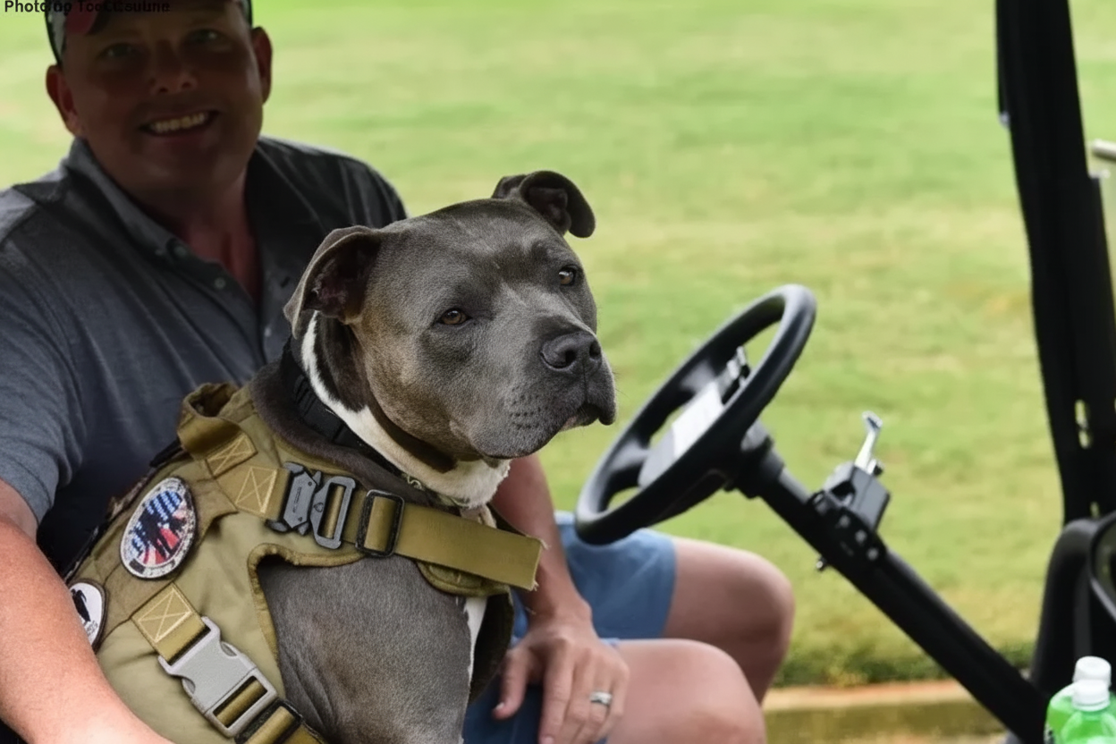 Service dog in tactical vest riding in a golf cart